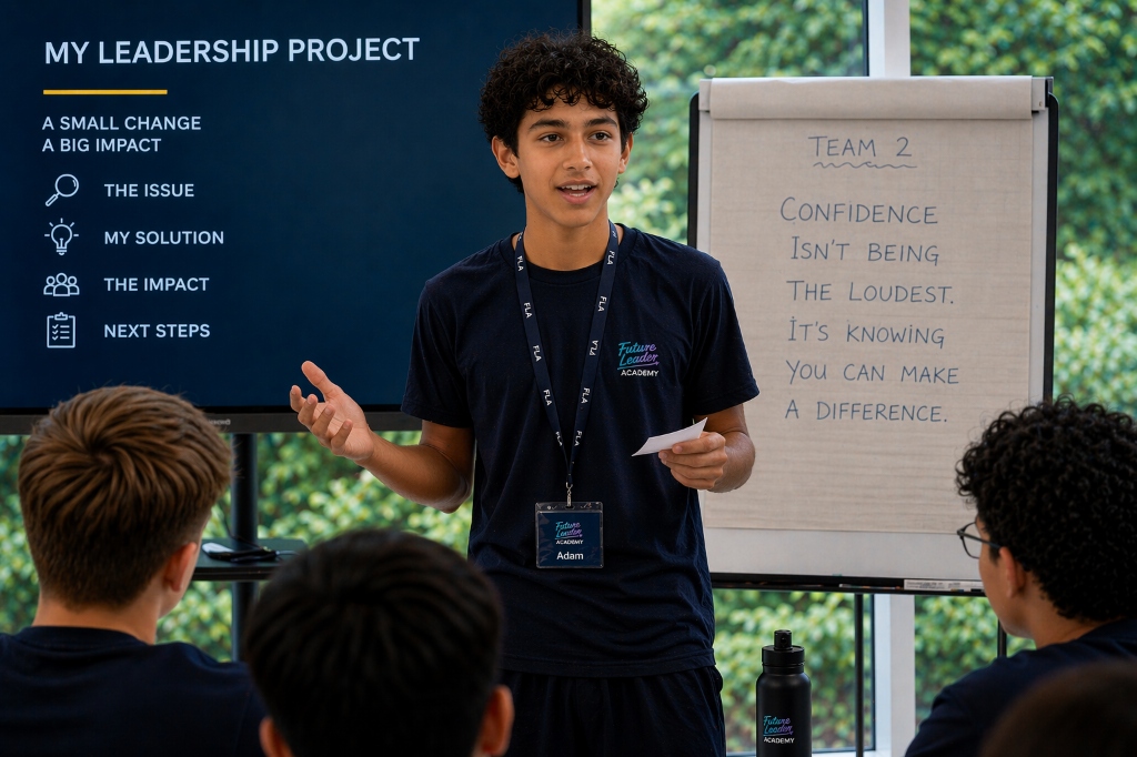 A young student delivering a presentation at the Future Leader Academy