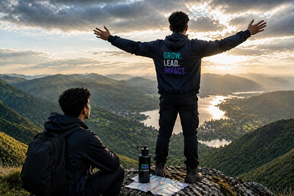 Two people on a mountain summit overlooking a lake, with 'GROW. LEAD. IMPACT.' on a jacket, symbolizing leadership and vision.